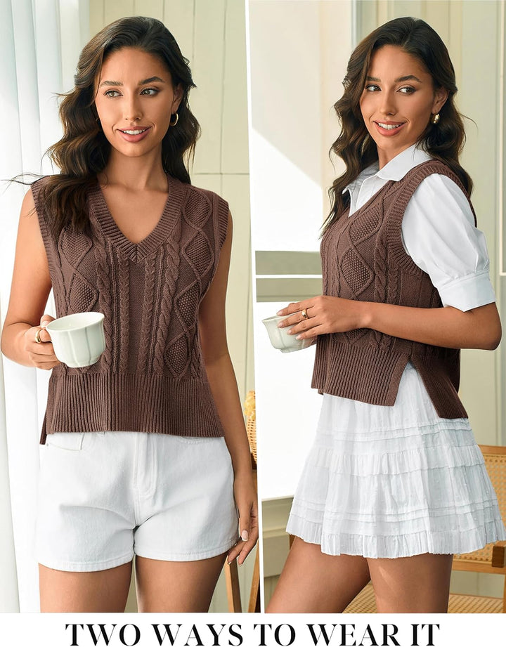 Tongmingyun Pullunder Damen Ärmellos V-Ausschnitt Strick Pullover Basic Strickweste Einfarbig Tank T