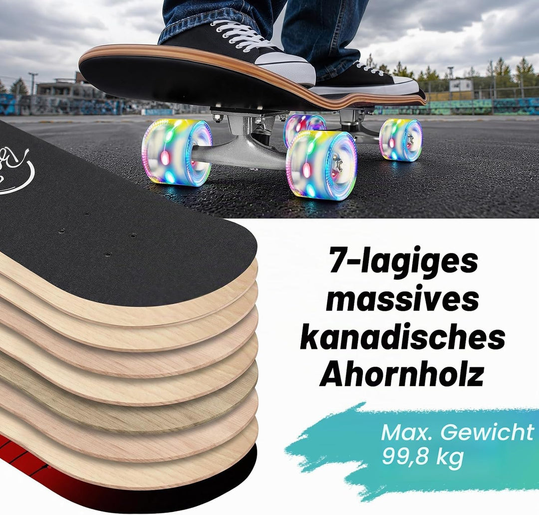 BELEEV Skateboard 31x8 Zoll Komplette Cruiser Skateboard für Kinder Jugendliche Erwachsene, 7-Lagige