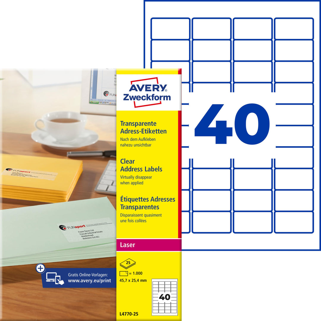 AVERY Zweckform L4770-25 Adressetiketten/Adressaufkleber (1.000 Etiketten, 45,7x25,4mm auf A4, bedru