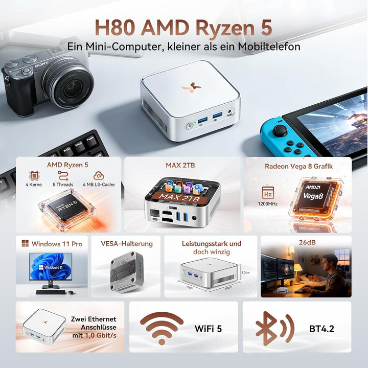 Huidun H80 Mini PC АMD Ryzen 5 (Besser als 4300U/i3-10110U) W11-Pro 16GB RAM 512GB SSD, 4K@60Hz UHD