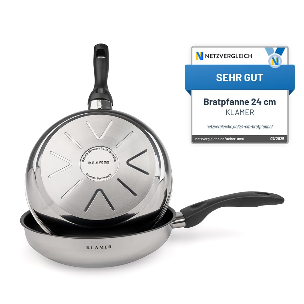KLAMER Pfanne 24 cm, Profi Edelstahl-Bratpfanne, Induktionspfanne mit Premium Beschichtung, Pfanne 2
