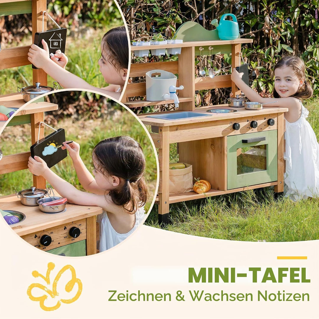 ROBOTIME Grosse Outdoor Matschküche aus Holz für Kinder, Deluxe Spielküche mit Wasserhahn, Spüle, Kr