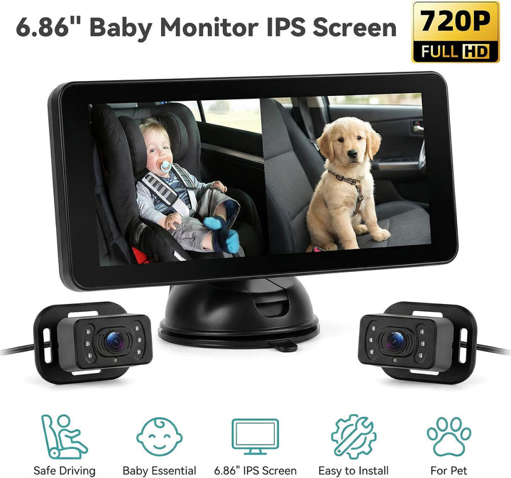 SIXTOP Baby Auto Kamera mit 6.86" IPS Monitor, Nachtsicht & 90° Weitwinkel 2 HD Rücksitzkameras, Sic