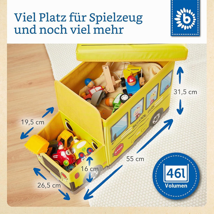 Bieco Aufbewahrungsbox mit Deckel Kinder Schulbus, faltbar, Sitzhocker mit Sitzgelegenheit, und Pols