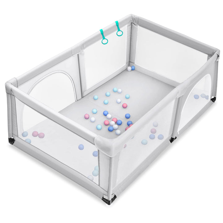 DREAMADE Laufgitter Baby mit Tür, 190 x 120cm Laufstall mit 50 Bunten Bällen & 2 Türem, Absperrgitte