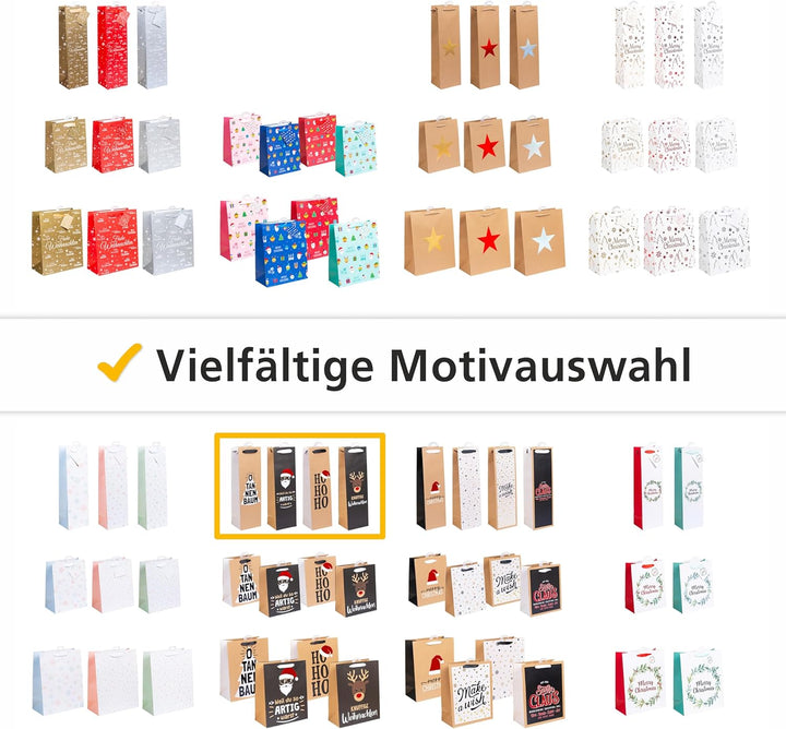 HEKU Weihnachts-Flaschentaschen mit Hotfoil-Veredelung und Prägung, 24 Stück I X-mas Nature Trend mi