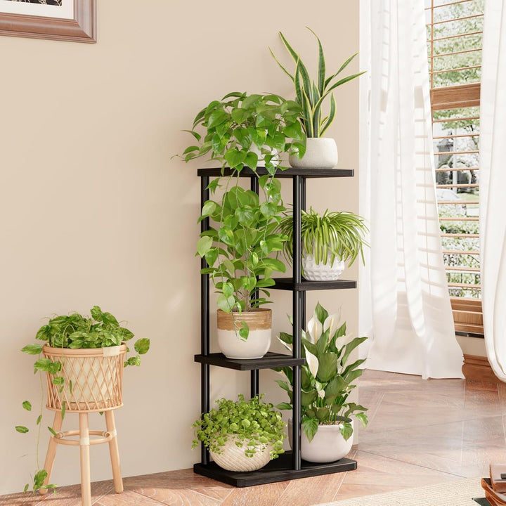 Bamworld Blumenständer aus Metall und Holz – Pflanzenständer mit 4 Ebenen, Pflanzenregal für Innenbe