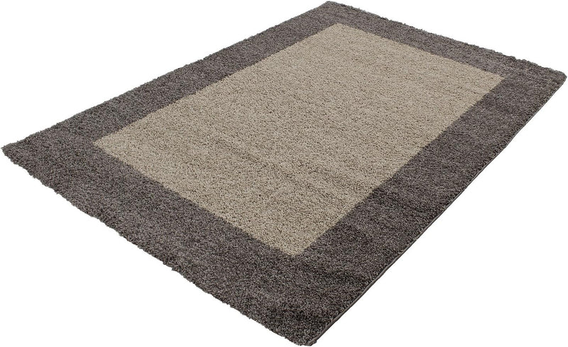 HomebyHome Teppich Wohnzinmer Shaggy Hochflor Taupe Läufer 100x200 cm Bordüre Design - Flauschiger T