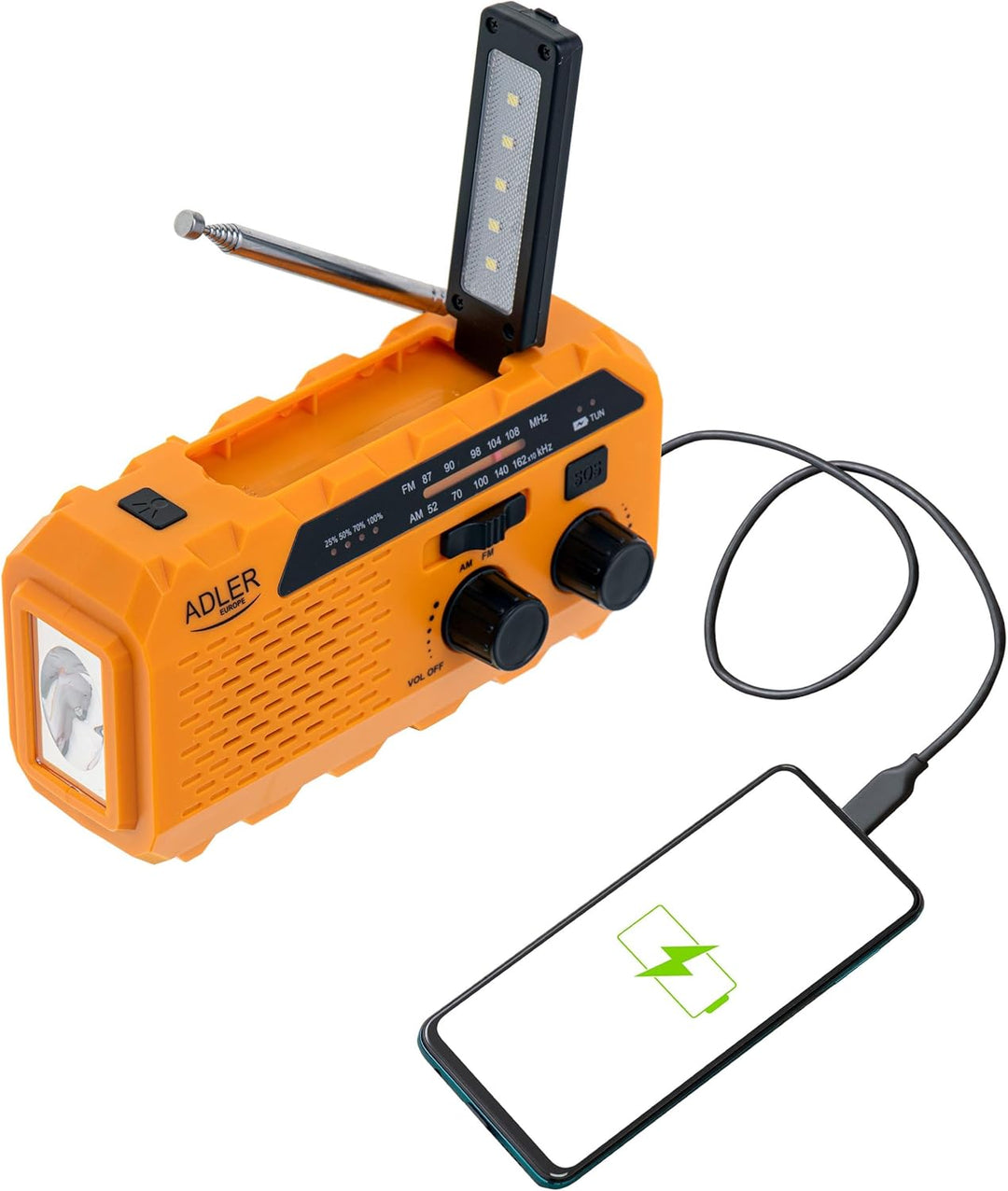 Adler AD1197 Kurbelradio Tragbares Solar mit Kurbel Ladegerät, AM/FM Radio mit Handy USB C Anschluss