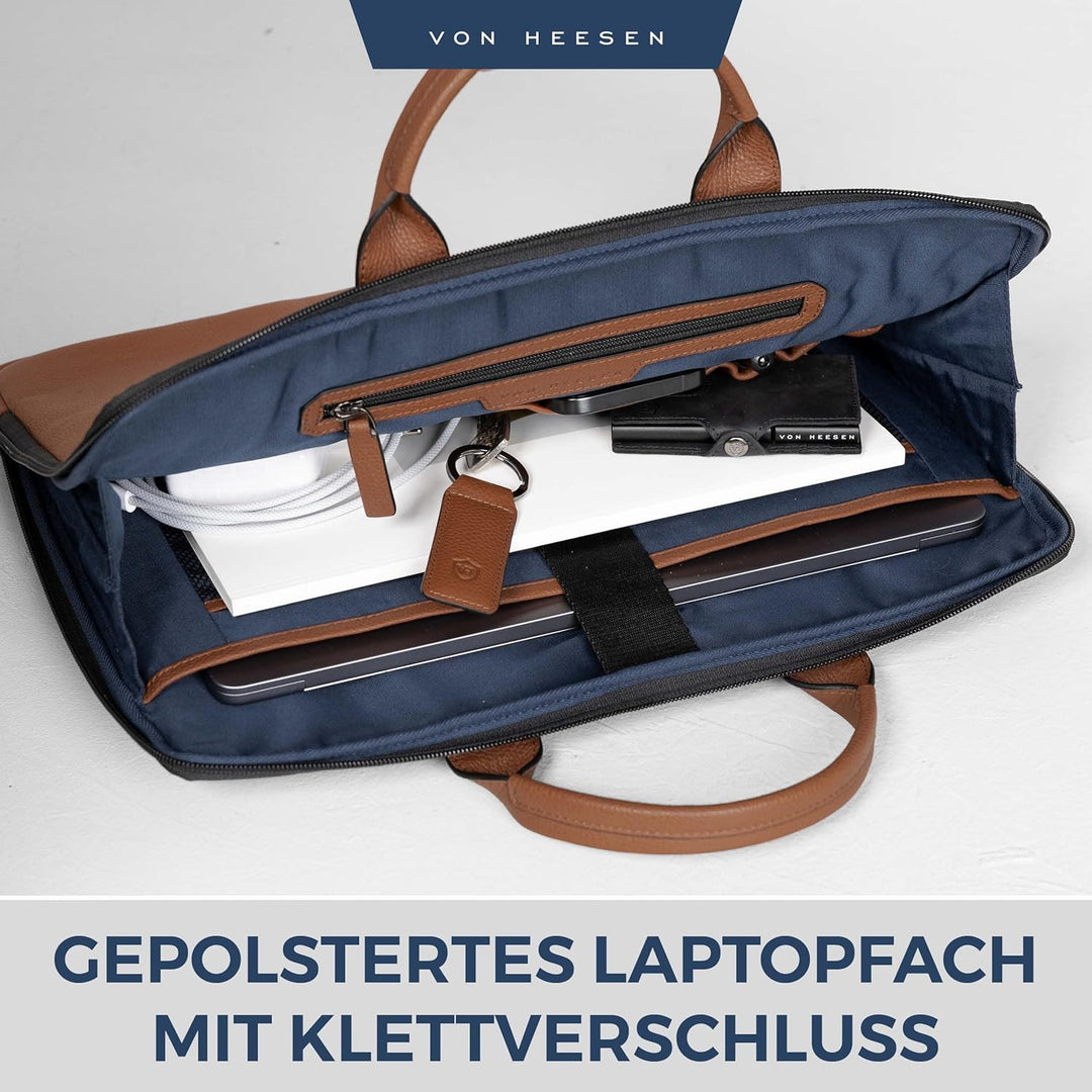 VON HEESEN Leder Aktentasche Laptoptasche bis 16 Zoll aus hochwertigem Nappa-Leder Cognac Braun, Cog
