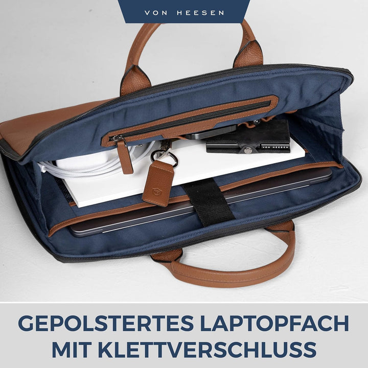 VON HEESEN Leder Aktentasche Laptoptasche bis 16 Zoll aus hochwertigem Nappa-Leder Cognac Braun, Cog