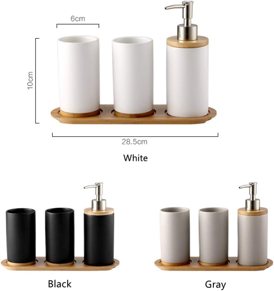 Badezimmer Accessoires Set Keramik, 4-teilig, Zahnbürstenhalter, Seifenspender, Bambus Fach, Zahnput
