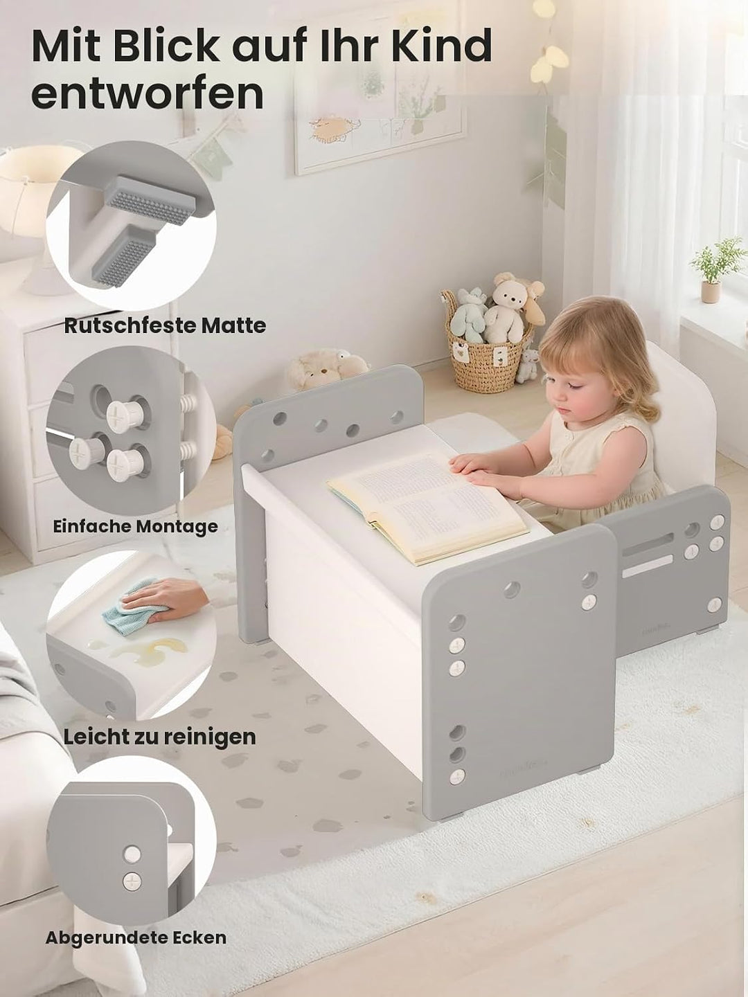 Kindertisch mit Stühle, Höhenverstellbarer Kinder Tisch Stuhl Set, Konvertierbarer Desktop，Multifunk