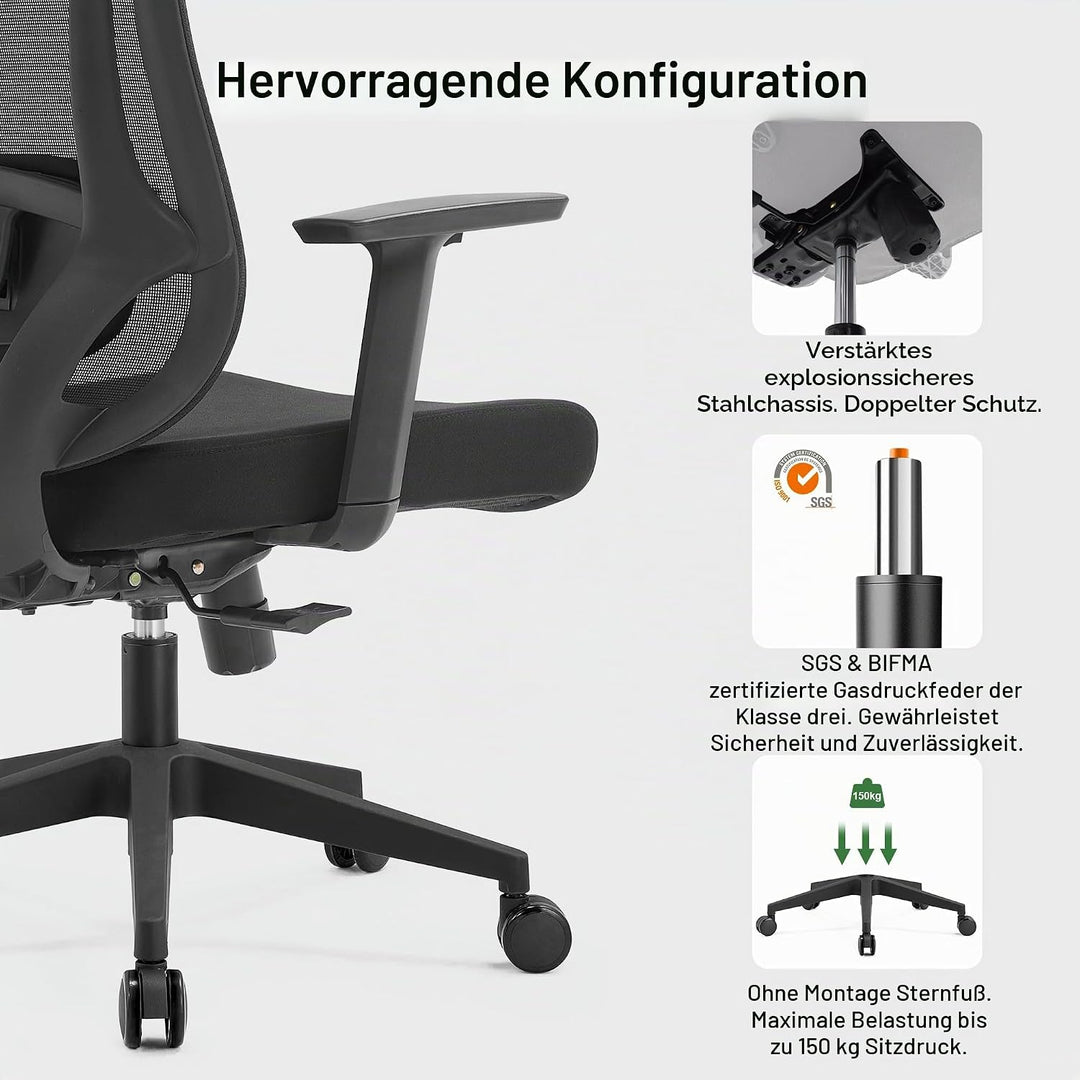 CALIYO Icon-H Bürostuhl Ergonomisch, Schreibtischstuhl mit Verstellbarer Kopfstütze, Armlehnen, Lend
