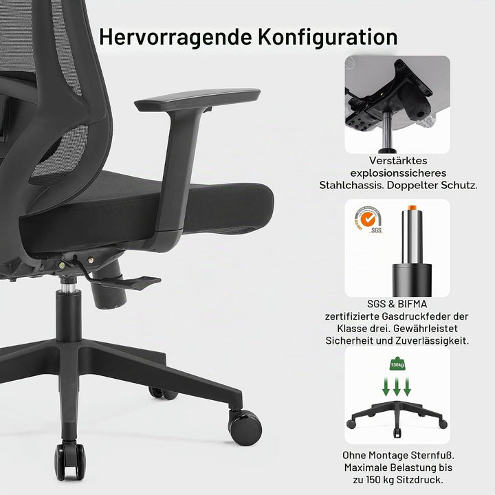 CALIYO Icon-H Bürostuhl Ergonomisch, Schreibtischstuhl mit Verstellbarer Kopfstütze, Armlehnen, Lend