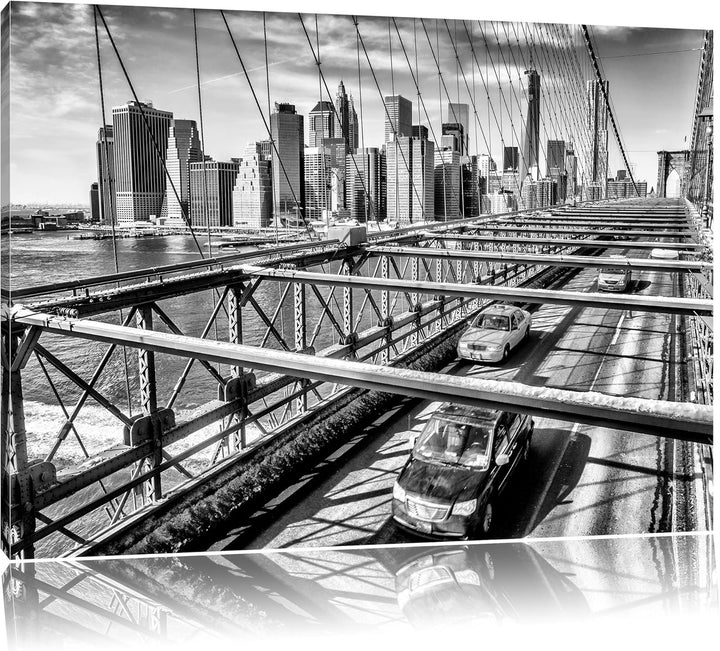 Pixxprint Monocrome, Gelbes Taxi in New York auf Brücke, Format: 100x70 auf Leinwand, 100x70