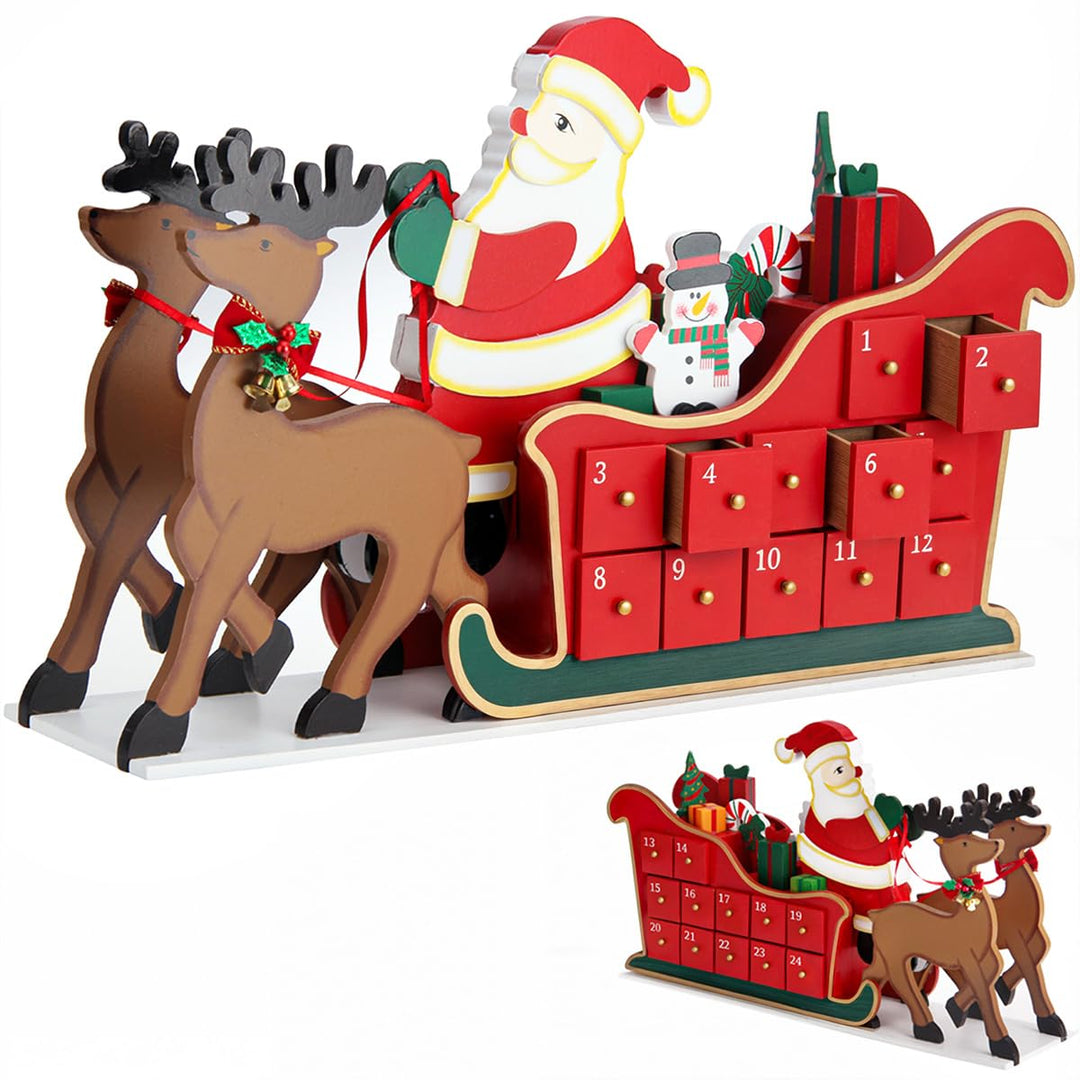 Spielwerk® Wiederverwendbarer Adventskalender Schlitten zum Befüllen 24 Türchen Bunt Bemalt Weihnach