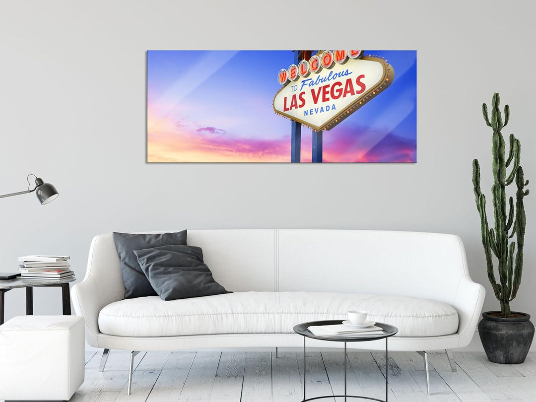Glasbild Panorama | Wandbild aus Echtglas | Las Vegas Schild in der Dämmerung | 100x40 cm | inkl. Au