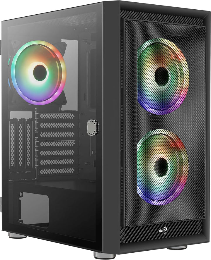 Aerocool Graphite ARGB ATX Mid Tower Case, Tempered Glass Side Panel, 3x 14cm ARGB Fans, Black Schwa