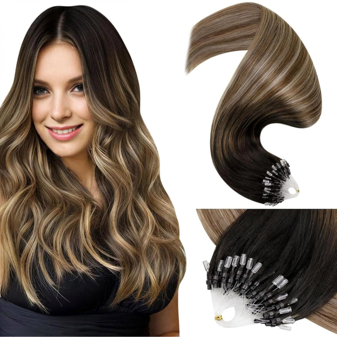 LaaVoo Microring Echthaar Extensions Ombre Dunkelstes Braun bis Mittelbraun mit Aschblond Micro Loop