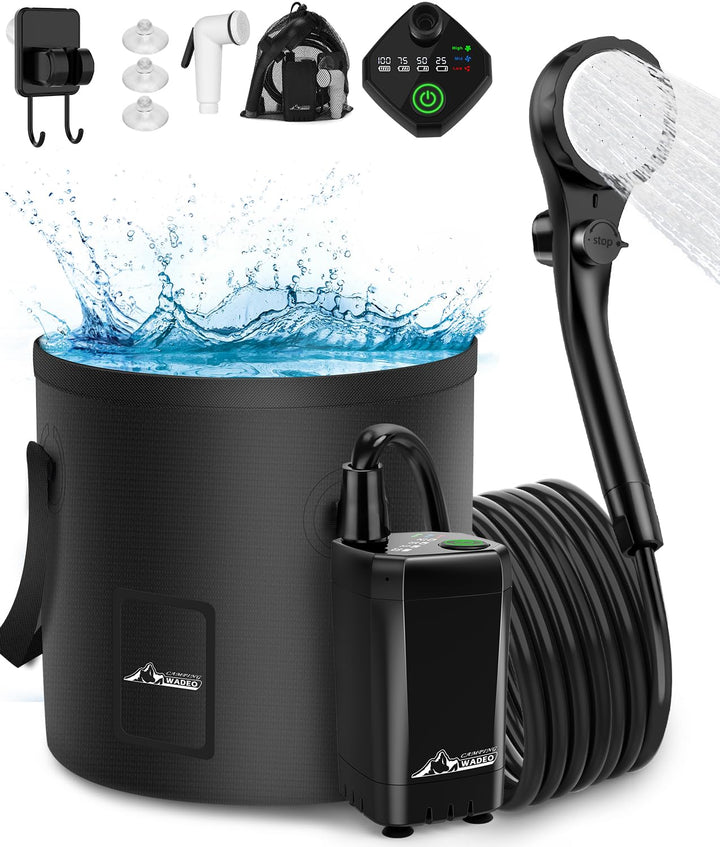 WADEO Tragbare Campingdusche Akku mit Pumpe und Eimer, Camping Dusche Outdoor mit wiederaufladbarem