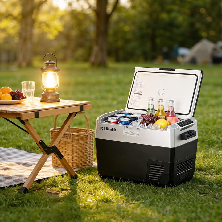 LLIVEKIT Kompressor Kühlbox 40L, -20~20°C, Tragbarer Kühlschrank, 12/24V DC, 100-240V AC, mit Beleuc