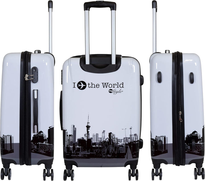 Trendyshop365 Hartschalen Reise-Koffer mit Motiv Bedruckt - Fly The World Weiss - 77 Zentimeter 94 L