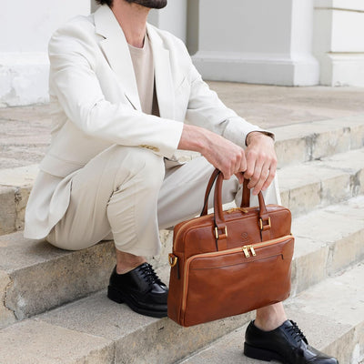 Time Resistance Aktentasche Leder Laptoptasche mit Schultergurt - Handgefertigt in Italien - Arbeits