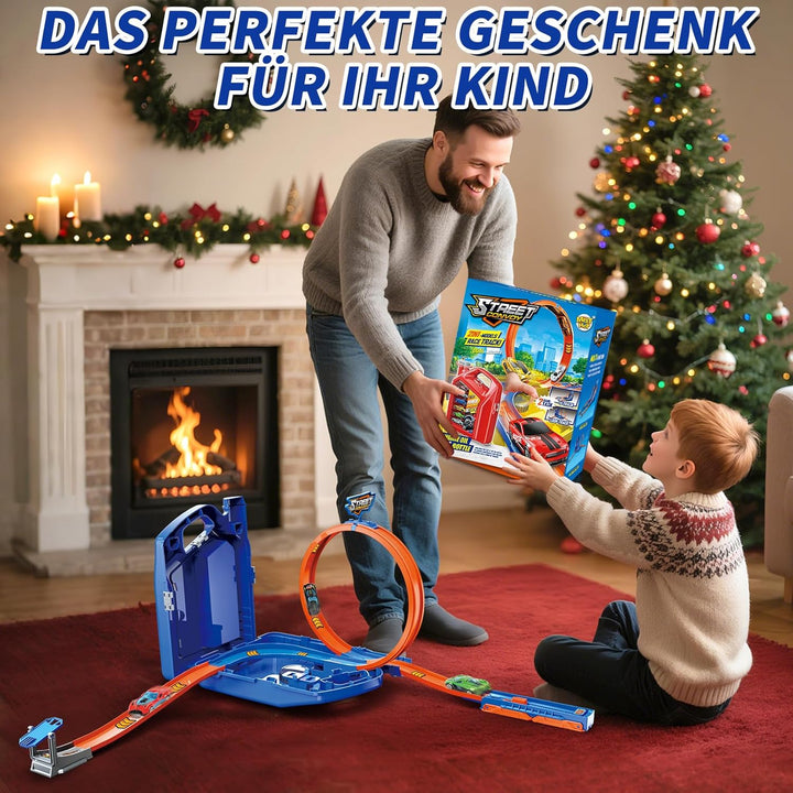 Autorennbahn für Kinder, Rennstrecke Auto Spielzeug mit 6 Autos, Aufbewahrungsbox, Auto Rennbahn Mit
