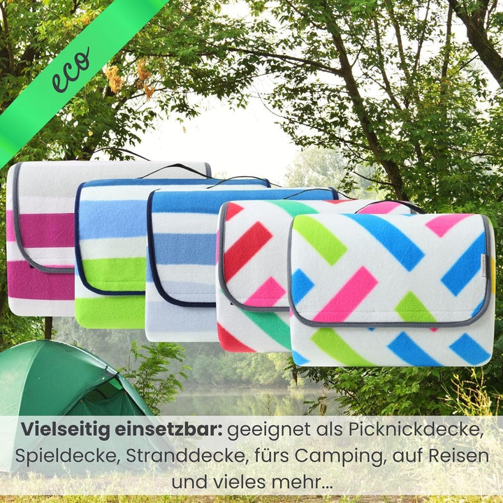 wometo eco-line nachhaltige Picknickdecke XXL 200x200 Grafik blau pink grün | 100% recyc. Fleece iso