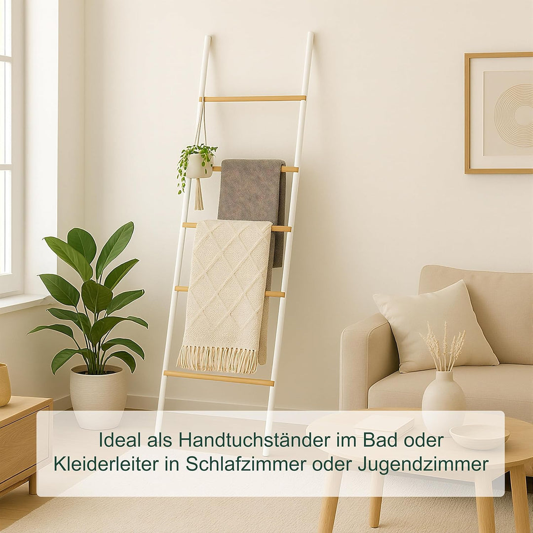 Relaxdays Handtuchleiter, Bambus & Eisen, HBT: 164 x 45 x 2 cm, Dekoleiter 5 Sprossen, Handtücher &