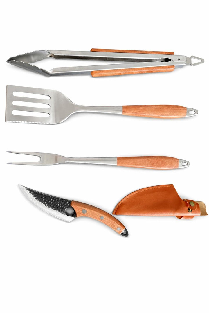 BBQ Grillbesteck Set Rosewood – Premium Edelstahl Grillset mit Zange, Wender, Fleischgabel & Messer