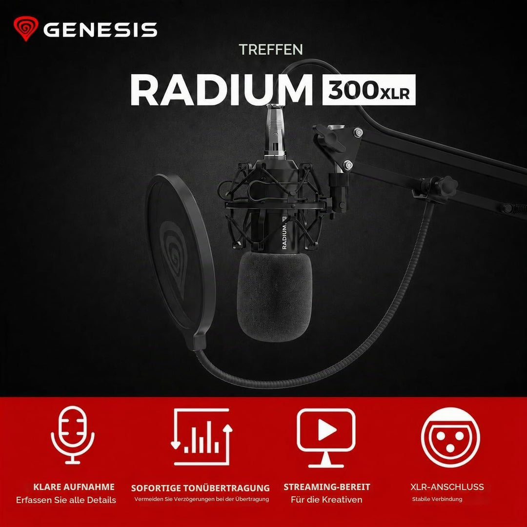 Genesis Radium 300 XLR Studio-Kondensatormikrofon-Set – Inkl. Gelenkarm, Pop-Filter, Mikrofonspinne