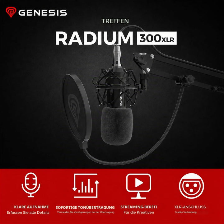Genesis Radium 300 XLR Studio-Kondensatormikrofon-Set – Inkl. Gelenkarm, Pop-Filter, Mikrofonspinne