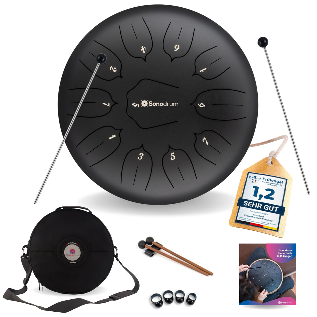 Sonodrum Zungentrommel "Standard 30cm D-Dur" in Schwarz - Tongue Drum inkl. Schlägel, Liederbuch und