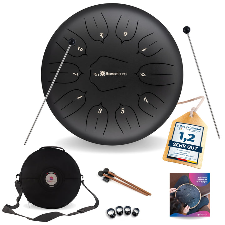 Sonodrum Zungentrommel "Standard 30cm D-Dur" in Schwarz - Tongue Drum inkl. Schlägel, Liederbuch und