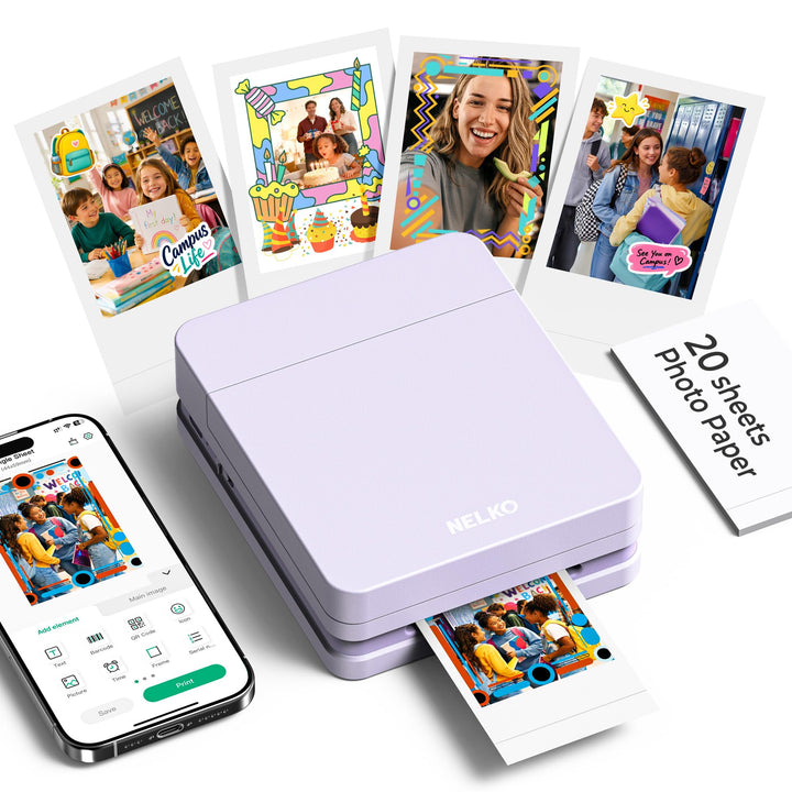 Nelko Fotodrucker für Smartphone, PP01 Mini Fotodrucker, 20 Blatt, Voilett Voilett 1 Fotodrucker+20