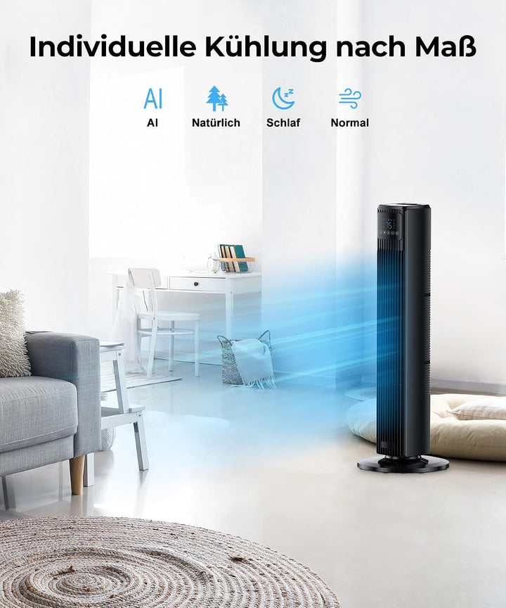 PNTCK Turmventilator, Ventilator leise mit Fernbedienung, 90° oszillierender Standventilator mit 4 G