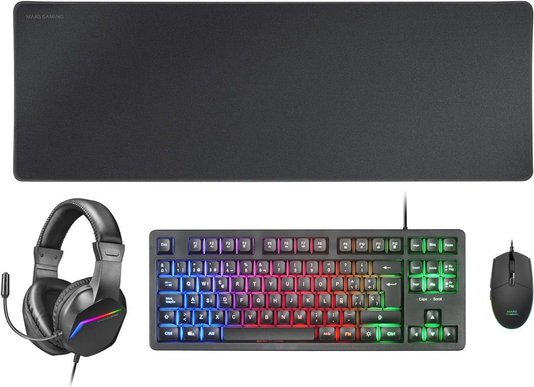 MARSGAMING MCP-RGB3, Pack Gaming-Tastatur Fixed RGB + Gaming-Maus RGB Flow 3200 DPI + Headset Over-E