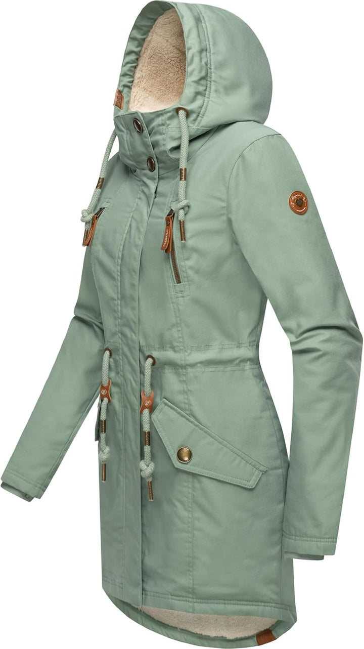 Ragwear Damen Mantel Lange warme Winterjacke mit Teddyfell-Kapuze Elsie Intl XS-5XL S Dusty Green24,