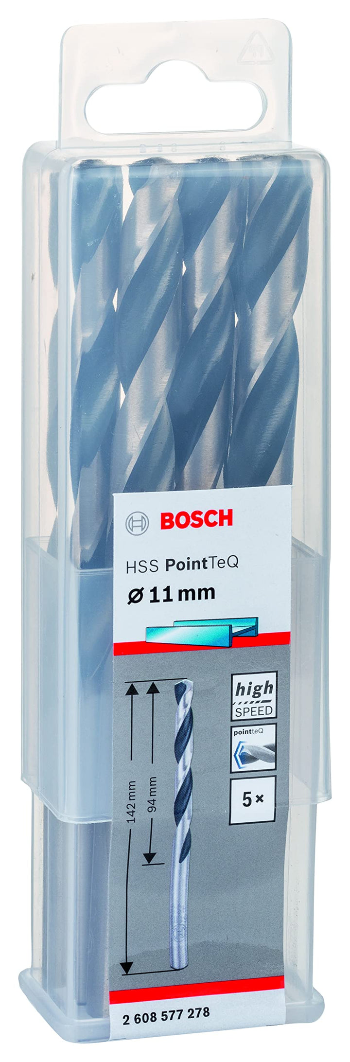Bosch Professional 5 Stück HSS Spiralbohrer PointTeQ (für Metall, 11 x 94 x 142 mm, Zubehör Bohrschr