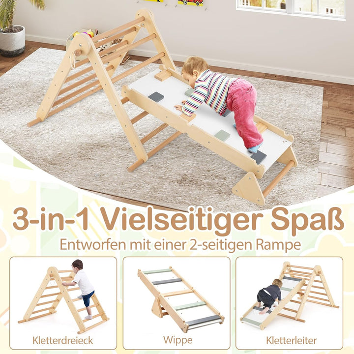 COSTWAY Klettergerüst Indoor, 3 in 1 Kletterdreieck & Kletterleiter & Wippe, Kletterdreieck klappbar