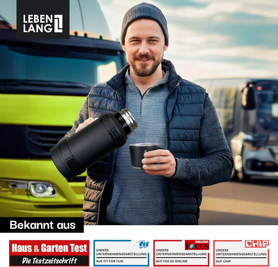 LEBENLANG Thermosflasche 1,5 Liter - 24h Heiss Inkl. Becher, Teesieb, Tragegurt I Trinkflasche Therm