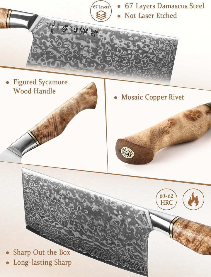 HEZHEN Küche Gemüse Fleischbeil Chinesischer Koch Kochmesser 17.3cm-Metzgermesser 67-Lagig Damaskus