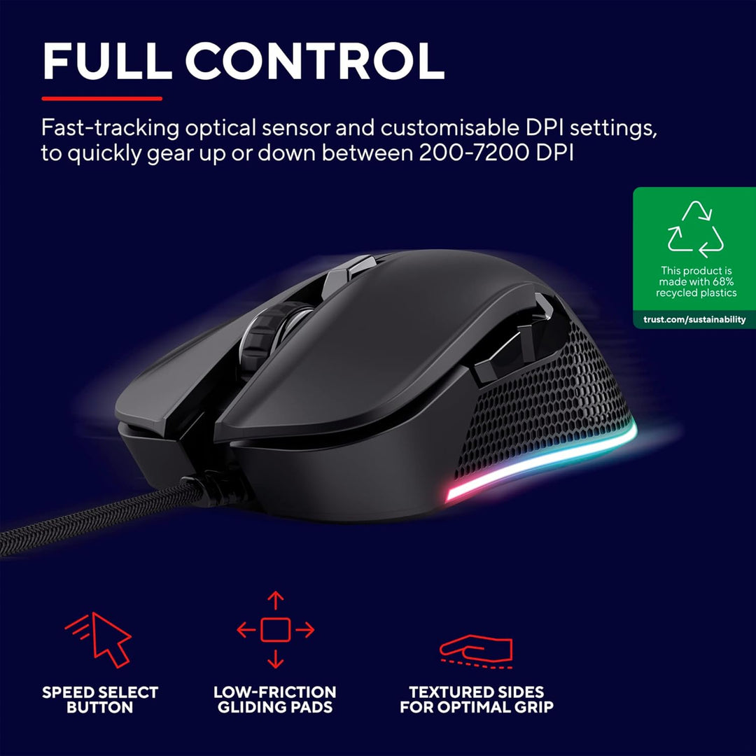 Trust Gaming GXT 922 Ybar Gaming Maus, 68% Recycelten Materialien, RGB LED-Beleuchtung, 6 Programmie