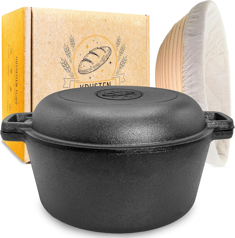 KRUSTENZAUBER Gusseisen Topf Brot Backen [inkl. Gärkorb] - Robuster 26cm gusseiserner Brottopf zum b