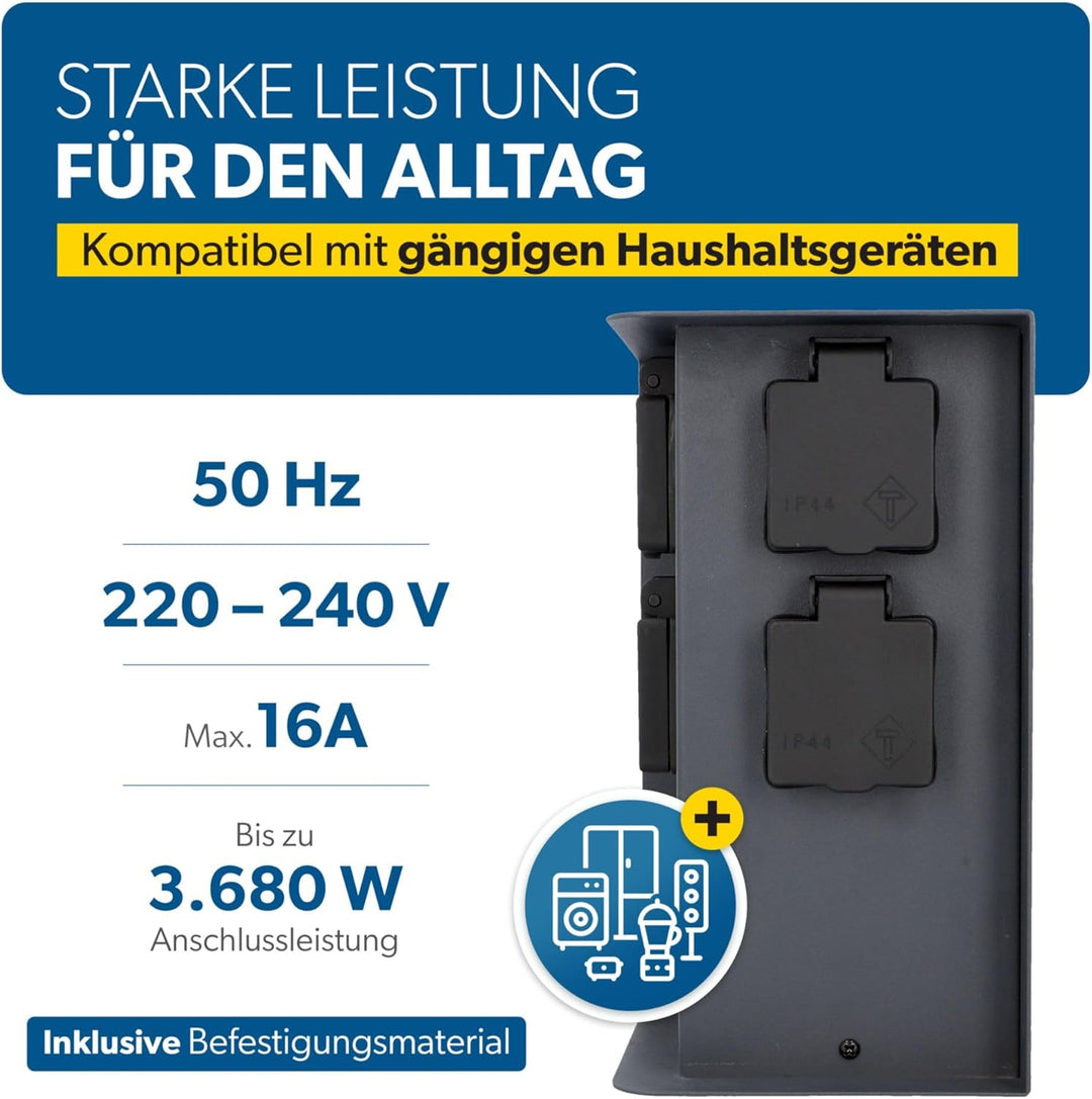 UNITEC Steckdosenverteiler für den Garten, Steckdosensäule, Aussensteckdose Edelstahl, IP 44, 4 Stec