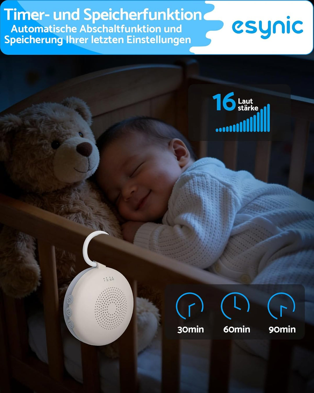 eSynic Weisses rauschen Baby Einschlafhilfe Baby & Erwachsene Tragbare White Noise Machine mit Nacht