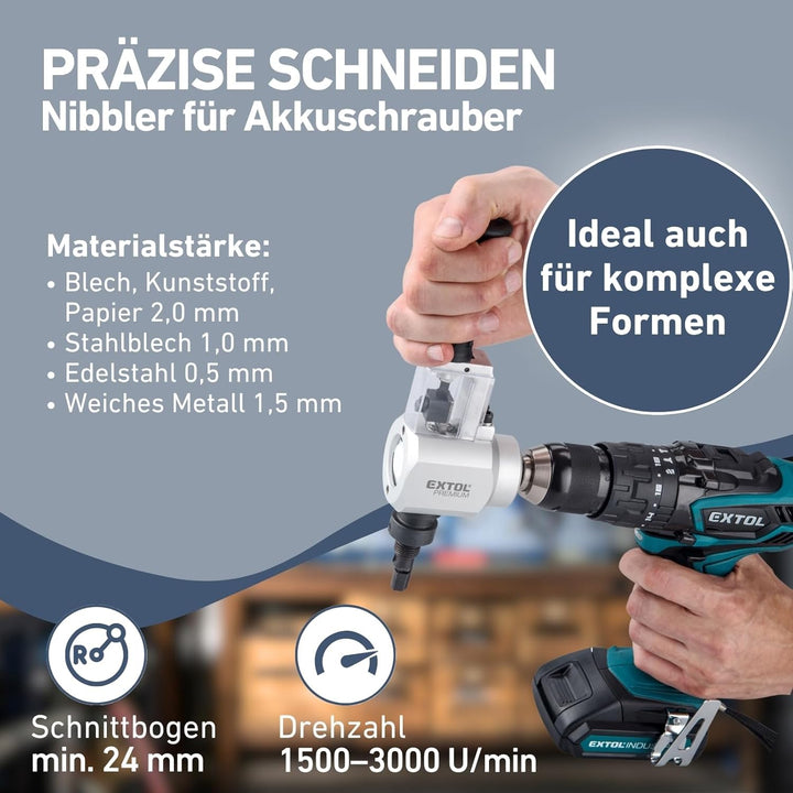 Nibbler-Stichsäge-Kombi-Aufsatz für Bohrmaschinen I Blechknabber & Stichsäge All-in-One-Bohraufsatz-
