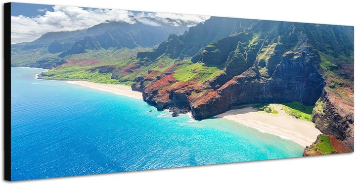 Paul Sinus Art Panoramabild auf Leinwand und Keilrahmen 150x50cm Hawaii Küste Gebirge Felsen Strand
